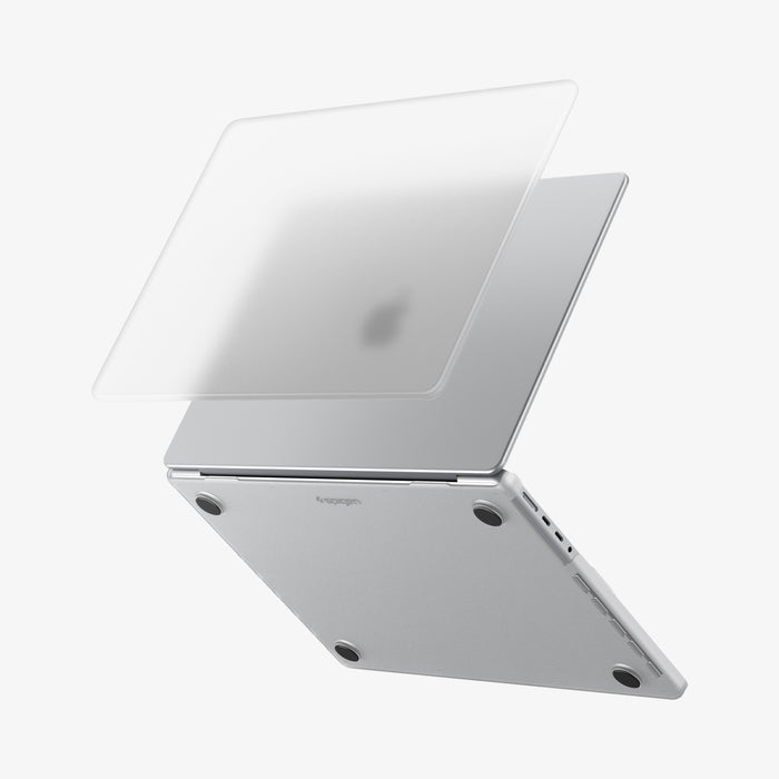 ACS11526 - MacBook Pro 16-inch Air Skin in Frost Clear showing the top shell of the Frost Clear case lifting away from the MacBook to illustrate the two-piece snap-on design