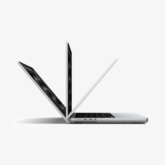 ACS11526 - MacBook Pro 16-inch Air Skin in Frost Clear showing three MacBook units opened at different angles to demonstrate the case allows full range of motion beyond 90 degrees