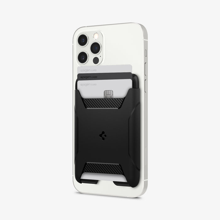 AFA07150 - MagSafe 3 Card Holder Rugged Armor (MagFit) in Black showing the front and partial side of a card holder with 3 cards inserted and attached to the back of a device