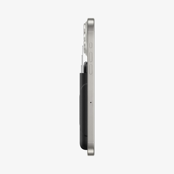 AFA07150 - MagSafe 3 Card Holder Rugged Armor (MagFit) in Black showing the side of a card holder with 3 cards slots inserted attached to a device showing side with side buttons