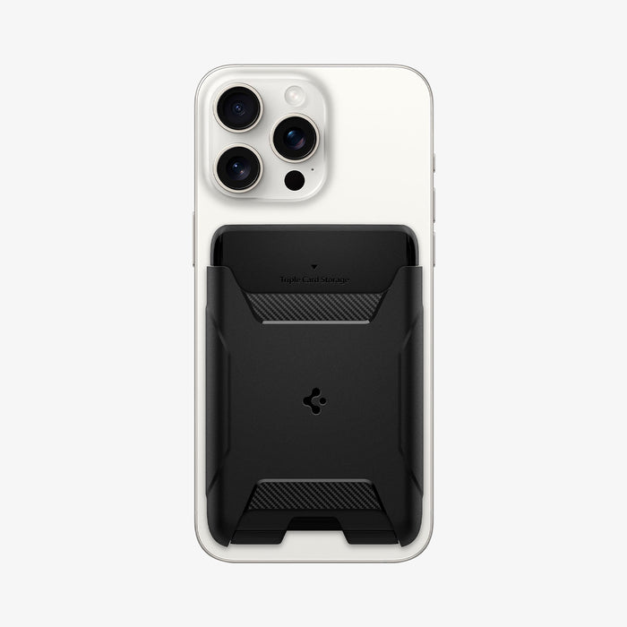 AFA07150 - MagSafe 3 Card Holder Rugged Armor (MagFit) in Black showing the front of a card holder attached to the back of a device