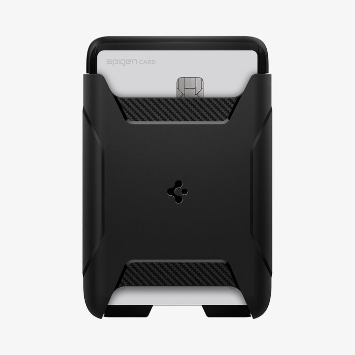 AFA07150 - MagSafe 3 Card Holder Rugged Armor (MagFit) in Black showing the front of a card holder with 1 card inserted