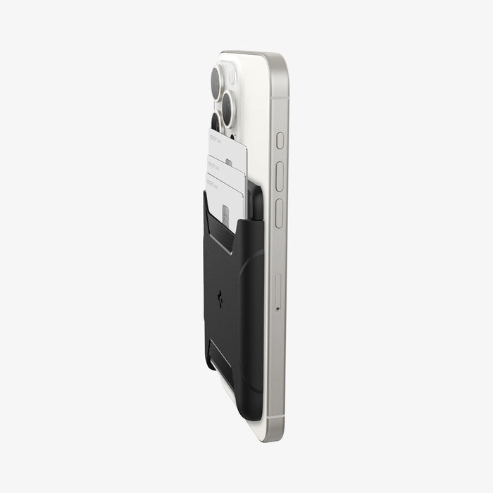 AFA07150 - MagSafe 3 Card Holder Rugged Armor (MagFit) in Black showing the partial back and side of a card holder with 3 cards inserted and attached to a device