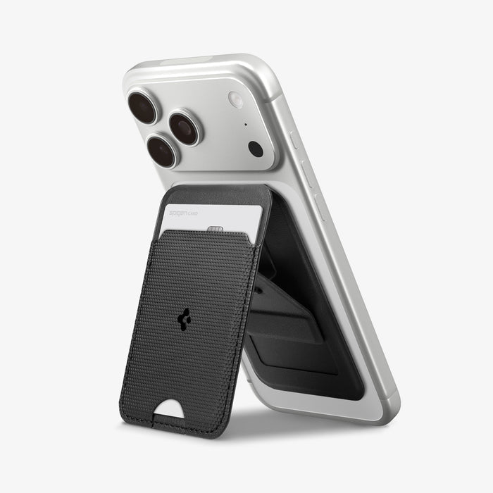 AFA10405 - MagSafe Card Holder Slim Fold (MagFit) | S314-1 in Black showing front and standing with the phone