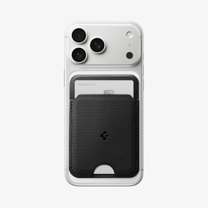 AFA10405 - MagSafe Card Holder Slim Fold (MagFit) | S314-1 in Black showing front and phone
