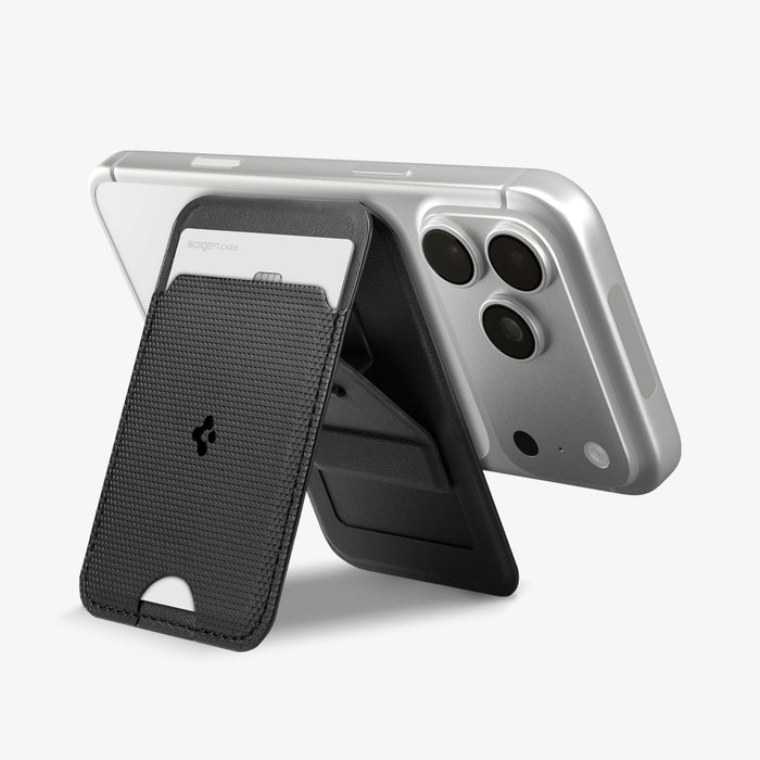 AFA10405 - MagSafe Card Holder Slim Fold (MagFit) | S314-1 in Black showing card holder and stand