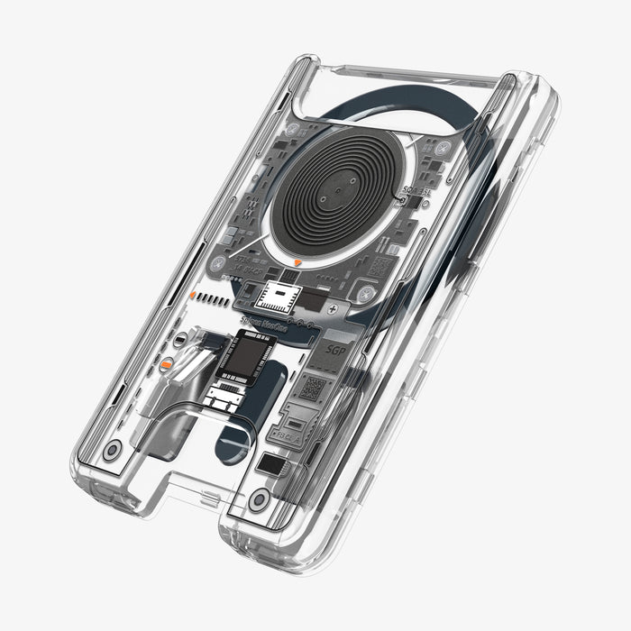 AFA11403 - MagSafe Card Holder Ultra Hybrid Neo One (Mag Fit) showing angled front view of NeoOne MagFit wallet card holder with transparent design details