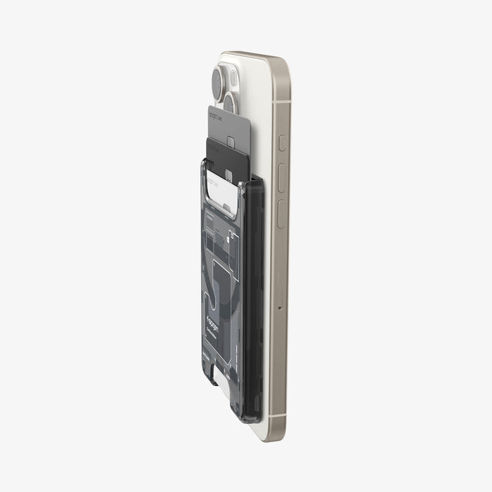 AFA07400 - Ultra Hybrid Zero One MagFit Wallet (MagFit) in Zero One showing the partial front and sides with cards inserted, attached to a device showing partial back and side