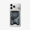 AFA11304 - Ultra Hybrid MagFit card wallet transparent black attached to iPhone showing MagSafe alignment internal circuit inspired design and rear card access cutout