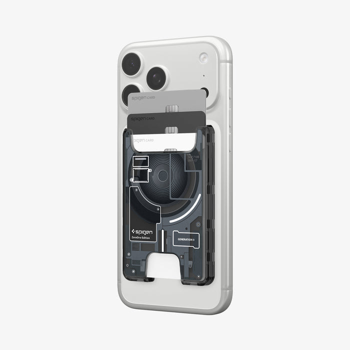 AFA11304 - Ultra Hybrid MagFit card wallet transparent black attached to iPhone showing three cards partially inserted with visible circuit inspired internal design and slim profile