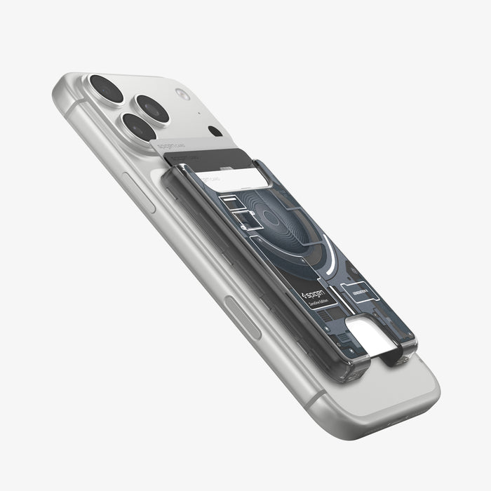 AFA11304 - Ultra Hybrid MagFit card wallet transparent black attached to iPhone at angled side view showing slim profile raised card slot and visible circuit inspired internal design