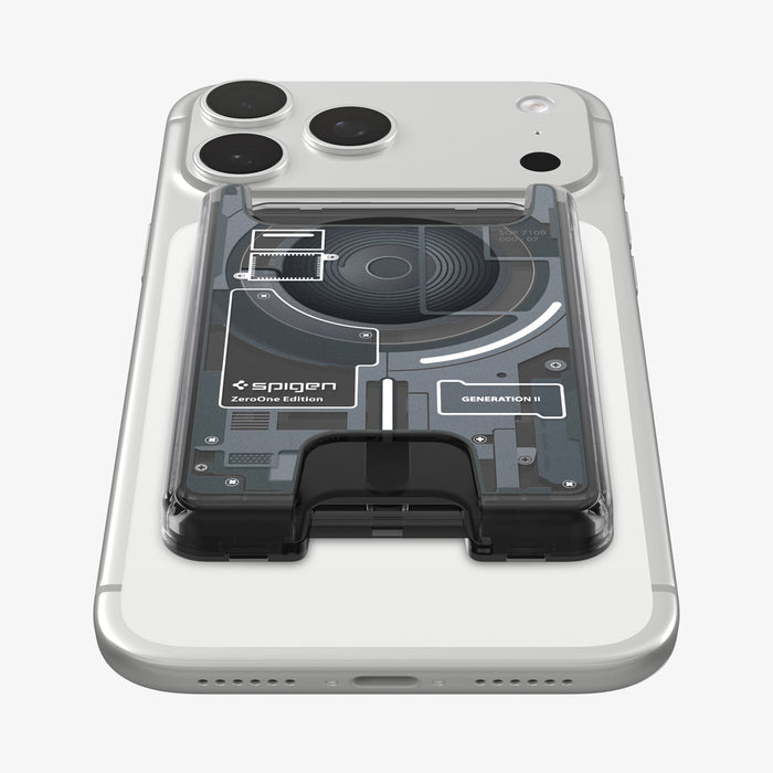 AFA11304 - Ultra Hybrid MagFit card wallet transparent black mounted on iPhone back view showing centered MagSafe alignment precise cutout and exposed Zero One internal circuit design