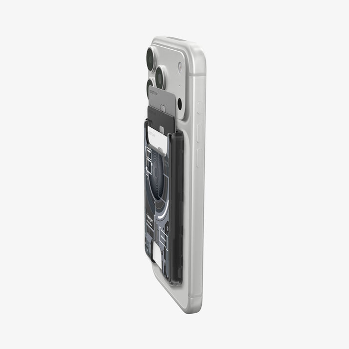 AFA11304 - Ultra Hybrid MagFit card wallet transparent black side profile on iPhone showing slim thickness layered card storage and raised MagFit wallet structure
