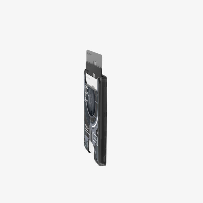 AFA11304 - Ultra Hybrid MagFit card wallet transparent black ultra slim side view showing stacked cards partially extended and minimal profile thickness