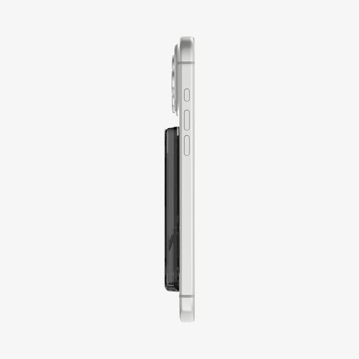 AFA11304 - Ultra Hybrid MagFit card wallet transparent black side profile showing slim thickness attached to iPhone with minimal protrusion