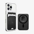 AFA07402 - MagSafe Card Holder Urban Fit (MagFit) in Black showing the device with a card holder attached and 3 cards inserted beside it, a card holder showing its back