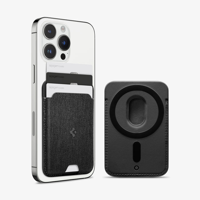 AFA07402 - MagSafe Card Holder Urban Fit (MagFit) in Black showing the device with a card holder attached and 3 cards inserted beside it, a card holder showing its back