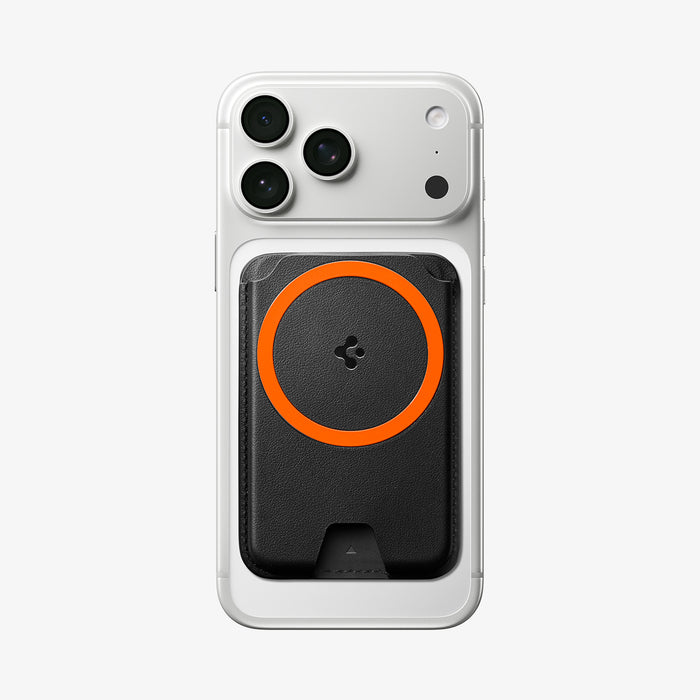 AFA11336 - Spigen Valentinus MagFit Plus Wallet attached to iPhone with orange MagSafe ring