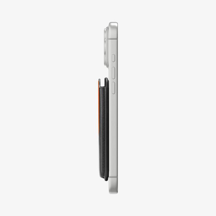 AFA11336 - Spigen Valentinus MagFit Plus Wallet side profile attached to iPhone showing slim thickness