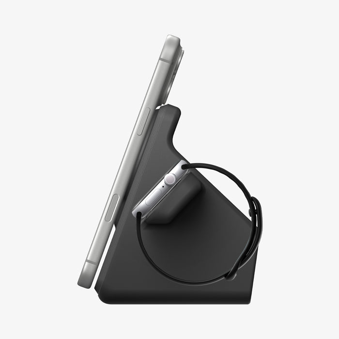 AMP09172 - Magsafe Duo Charger Stand (Mag Fit) in Black showing the side with phone and watch attached