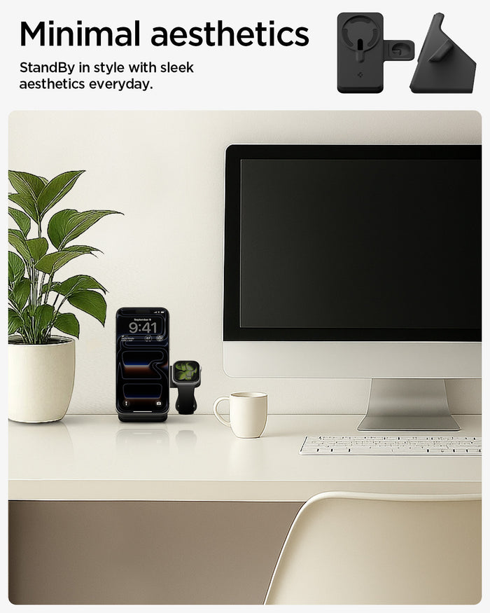 AMP09172 - Magsafe Duo Charger Stand (Mag Fit) in Black showing the minimal aesthetics. StandBy in style with sleek aesthetics every day.