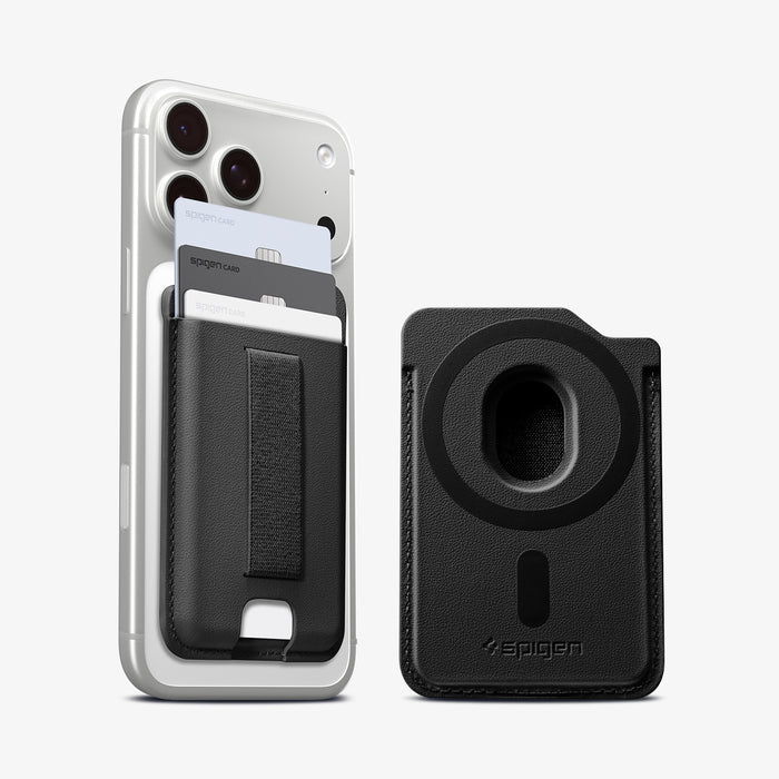 AFA10802  - MagSafe SleekBand Card Holder | 3 Cards (MagFit) in Dark Black showing back and attach on the phone
