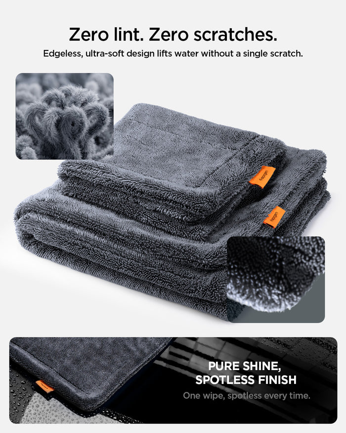 ACP11389 - Folded Spigen microfiber towels with close-up insets showing the soft, edgeless fiber loops that prevent scratches