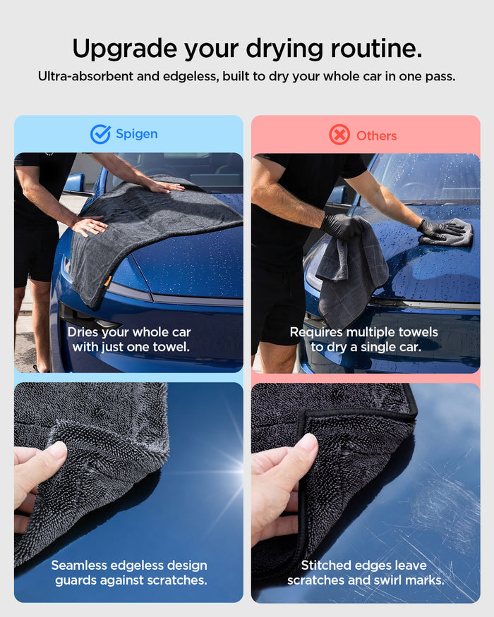 ACP11389 - Comparison showing one Spigen towel drying an entire car versus multiple towels needed with other brands, and Spigen's edgeless design versus another brand's scratch-causing stitched edges