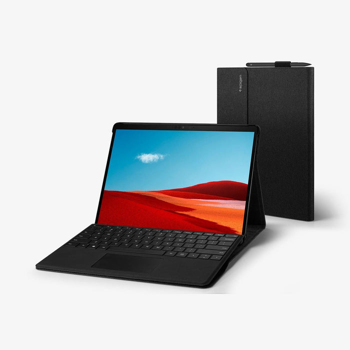 ACS01002 - Microsoft Surface Pro X Case Stand Folio in black showing the front and device propped open