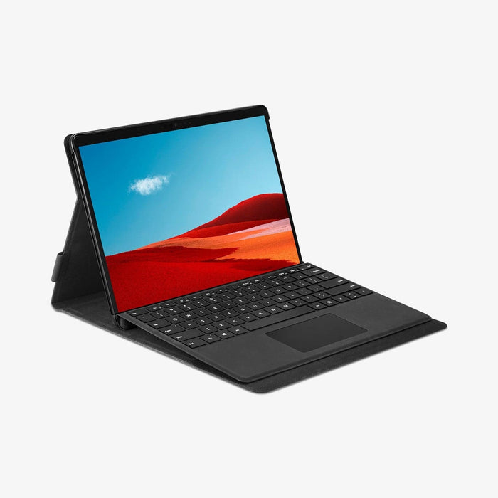 ACS01002 - Microsoft Surface Pro X Case Stand Folio in black showing the device propped up by built in stand