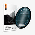 AGL09280 - Spigen Glas.tR Slim Auto Display Protector packaging box next to the tempered glass screen protector being applied to a round car display