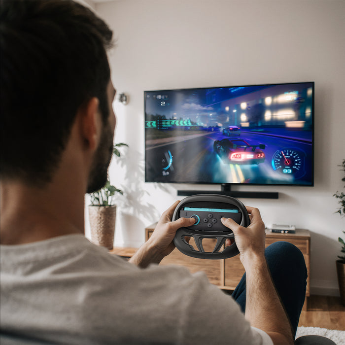 AGP10163 - Nintendo Switch Joy-Con Steering Wheel showing a person holding the Joy-Con with the case