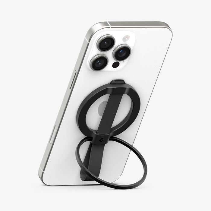 AMP08551 - O-Mag Magnetic Phone Holder (MagFit) | OM103 in Black showing the front, attached to the back of the device propped up as a kickstand
