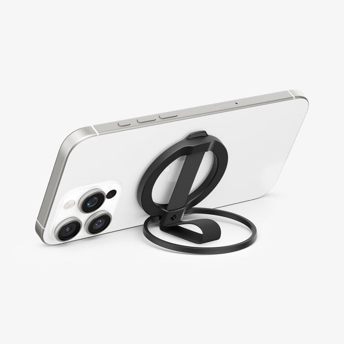 AMP08551 - O-Mag Magnetic Phone Holder (MagFit) | OM103 in Black showing the front, attached to the device propped up as a kickstand in landscape position