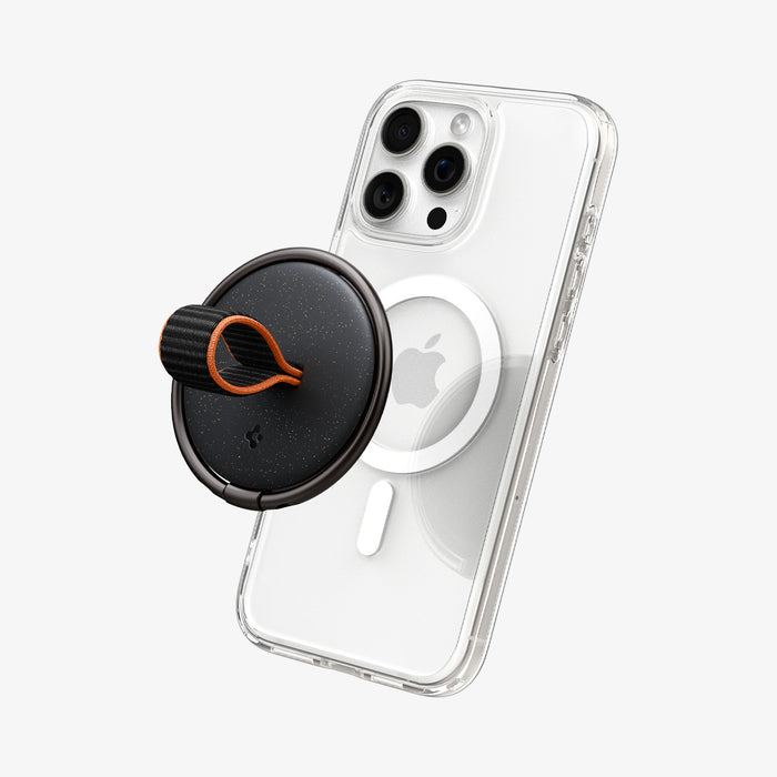 AMP08552 - O-Mag Magnetic Phone Holder (MagFit) OM104 in Black showing the front of the om-mag ring hovering in front of the device