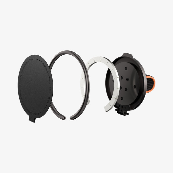 AMP08552 - O-Mag Magnetic Phone Holder (MagFit) OM104 in Black showing the detached parts of the o-mag ring