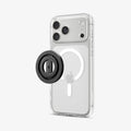AMP11739 - O-Mag Magnetic Phone Holder (Mag Fit+) | OM108 showing the O-Mag MagFit+ Phone Holder positioned beside a clear iPhone case with MagSafe