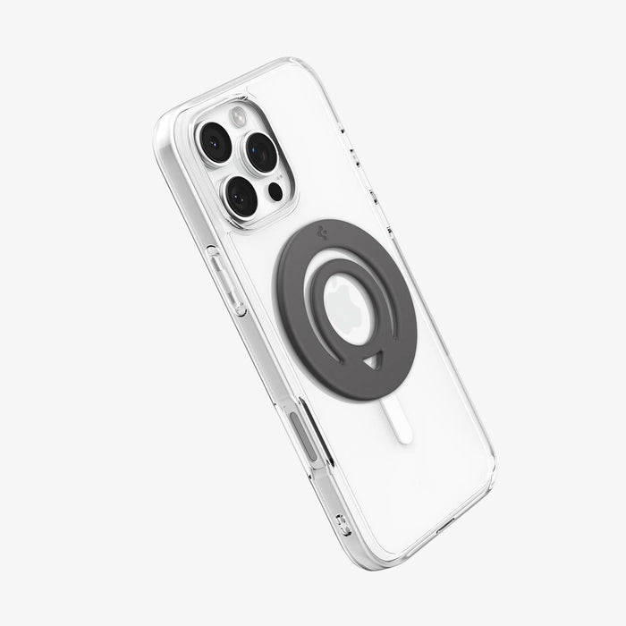 AMP10195 - O-Mag Slim Dual pop (MagFit) in Marble Gray showing the back, partial side of the device with the case, magring attached