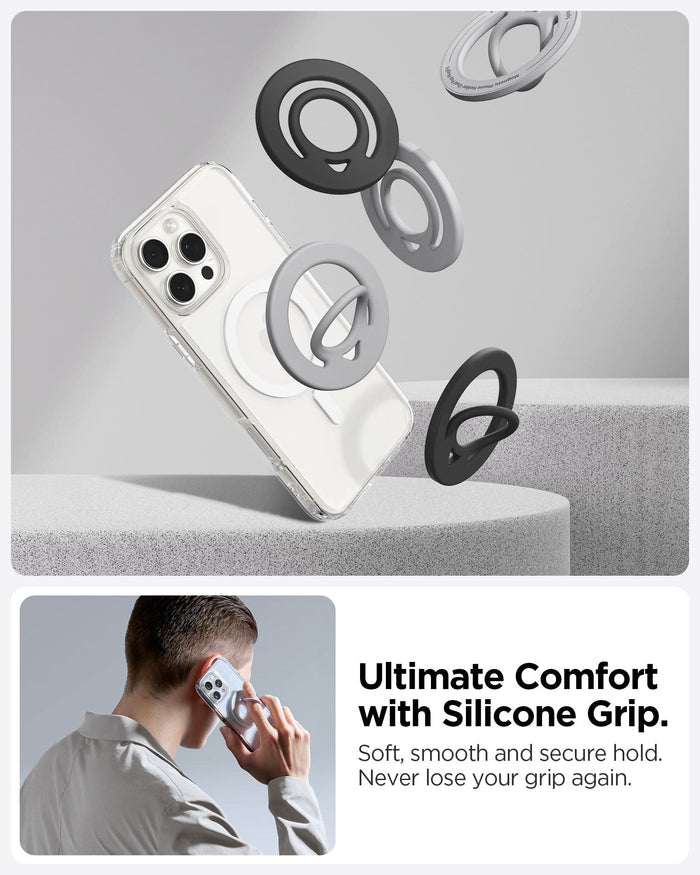 AMP10195 - O-Mag Slim Dual pop (MagFit) in Marble Gray showing the ultimate comfort with silicone grip. Soft, smooth and secure hold. Never lose your grip again