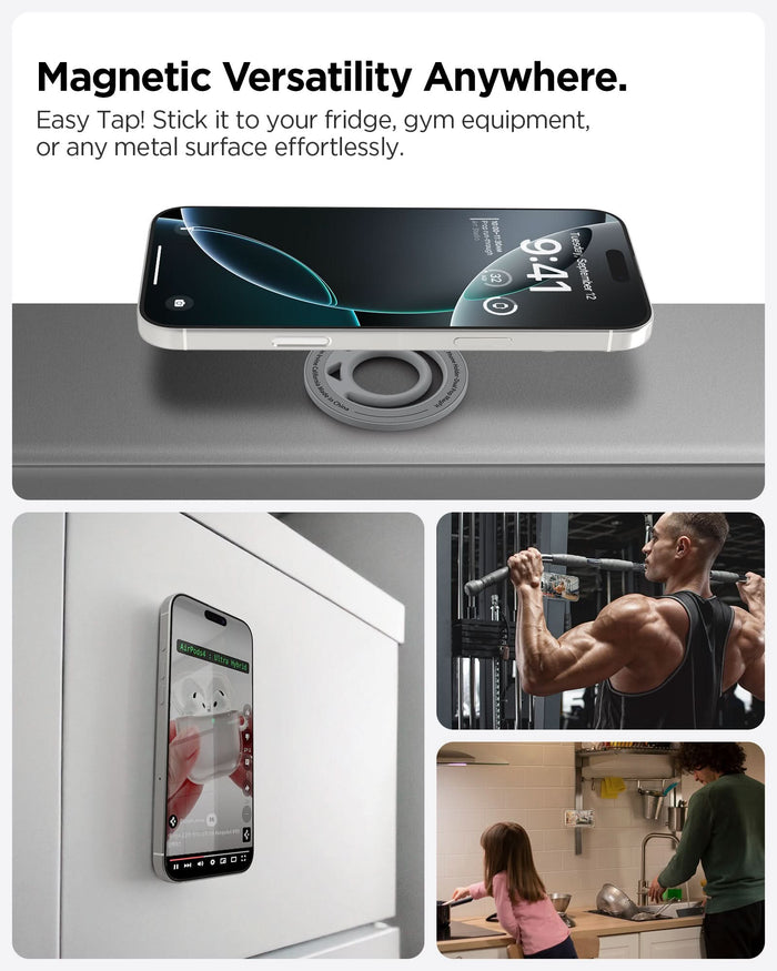 AMP10195 - O-Mag Slim Dual pop (MagFit) in Marble Gray showing the Magnetic Versatility Anywhere. Easy Tap! Stick it to your fridge, gym equipment, or any metal surface effortlessly