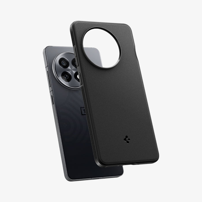 ACS09369 - OnePlus 13R Case Sand Blast in Matte Black showing the back, partial side and bottom hovering above the device
