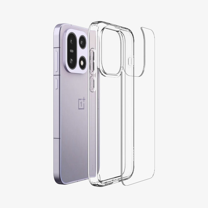 ACS09785 - OnePlus 15 Ultra Hybrid in Crystal Clear showing the backing detached from the frame, hovering in front of the device.