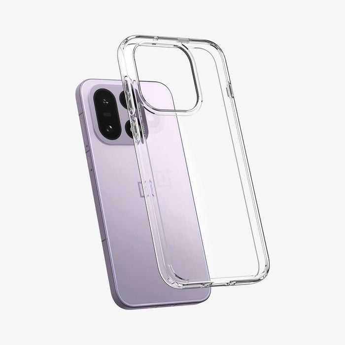 ACS09785 - OnePlus 15 Ultra Hybrid in Crystal Clear showing the back of the case hovering in front of the device.