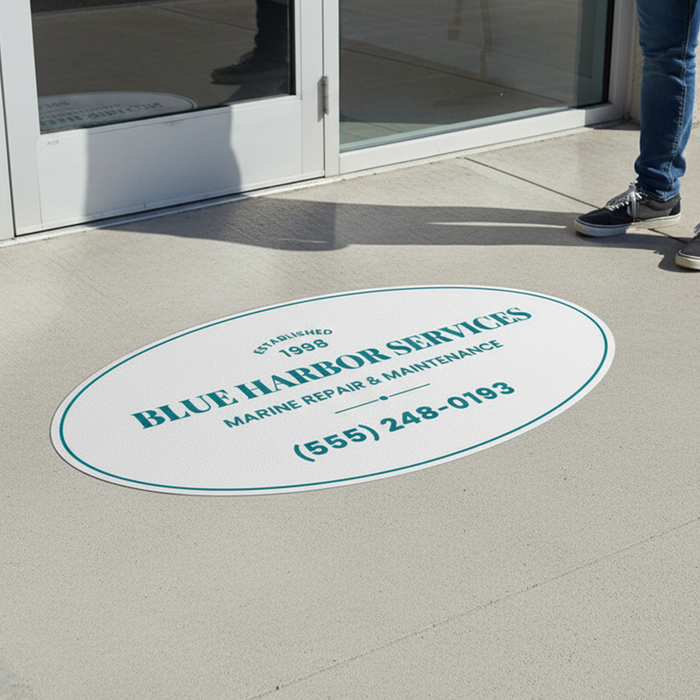 Oval floor mat with 'Blue Harbor Services' branding on a concrete floor.