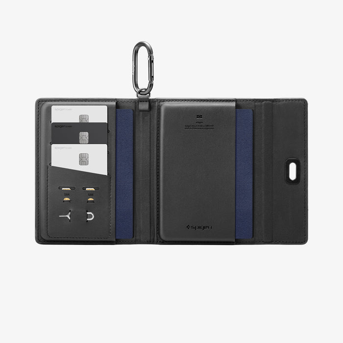 AFA11344 - Passport Holder | KD502 Black showing the inner with passport, cards and tf card ejector inside
