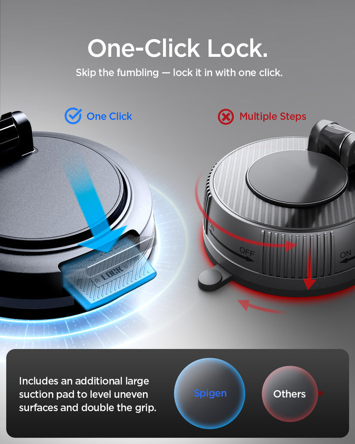 ACP11399 - Peltier Dashboard Charging Mount with Cable | PLT100 (Mag Fit) showing "One-Click Lock" comparing Spigen's single-lever lock to a competitor's multi-step twist lock.