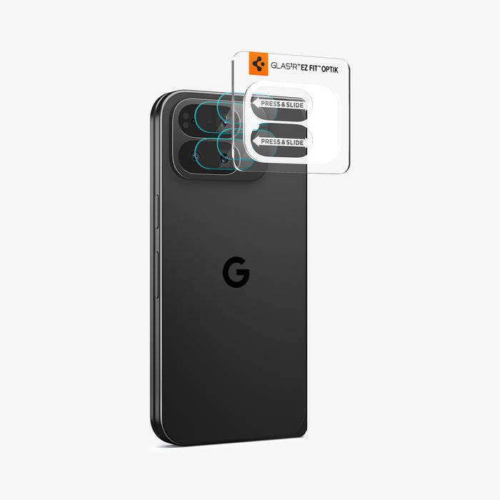 AGL09664 - Pixel 10 Pro Fold Optik EZ Fit Lens Protector showing the installation tray with lens attached to the device