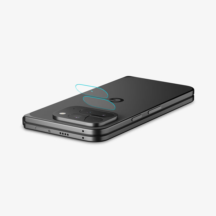 AGL09664 - Pixel 10 Pro Fold Optik EZ Fit Lens Protector showing the lens protector partially hovering in front of the camera lens