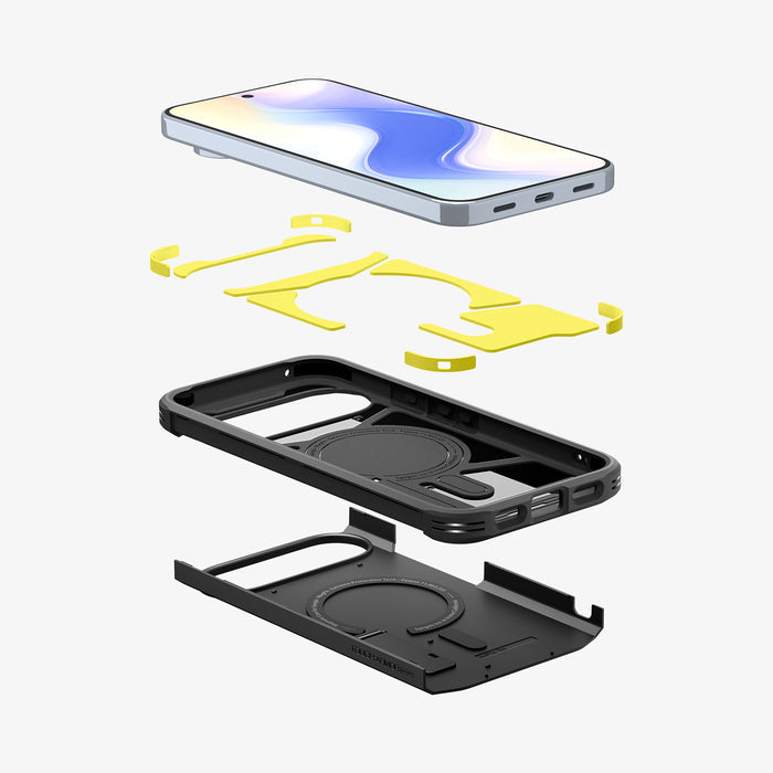 ACS09728 - Pixel 10 Pro XL  Tough Armor AI (MagFit) in black showing the multiple layers of case hovering below device