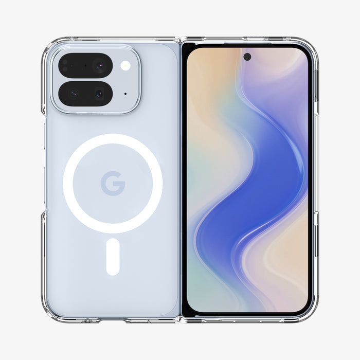 ACS09742 - Pixel 10 Pro Fold Case Ultra Hybrid Metal Ring (MagFit) in crystal clear showing the back and front